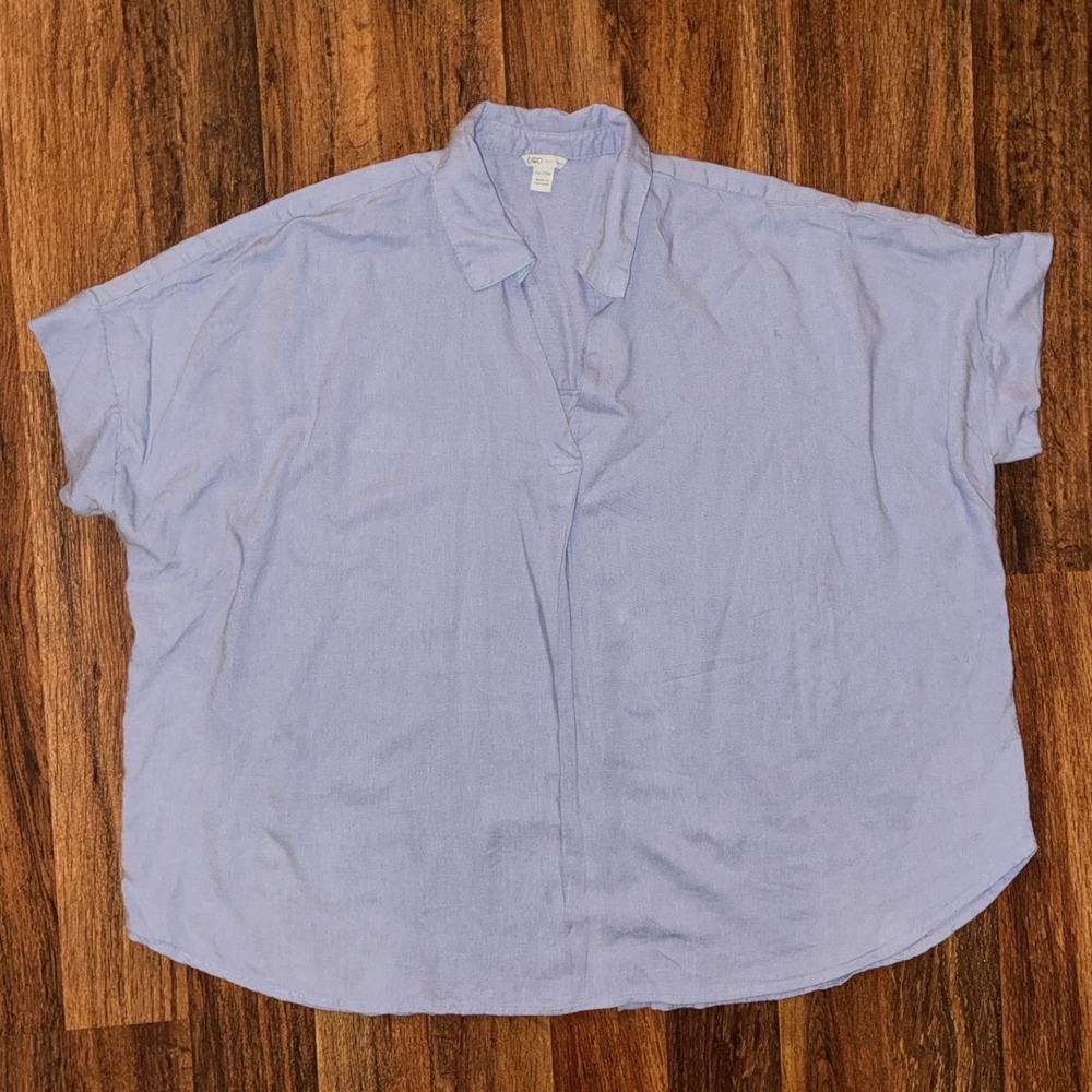 Cato Womens 18/20W Blue Linen Blend V-Neck Short Sleeve Button Back Blouse Top